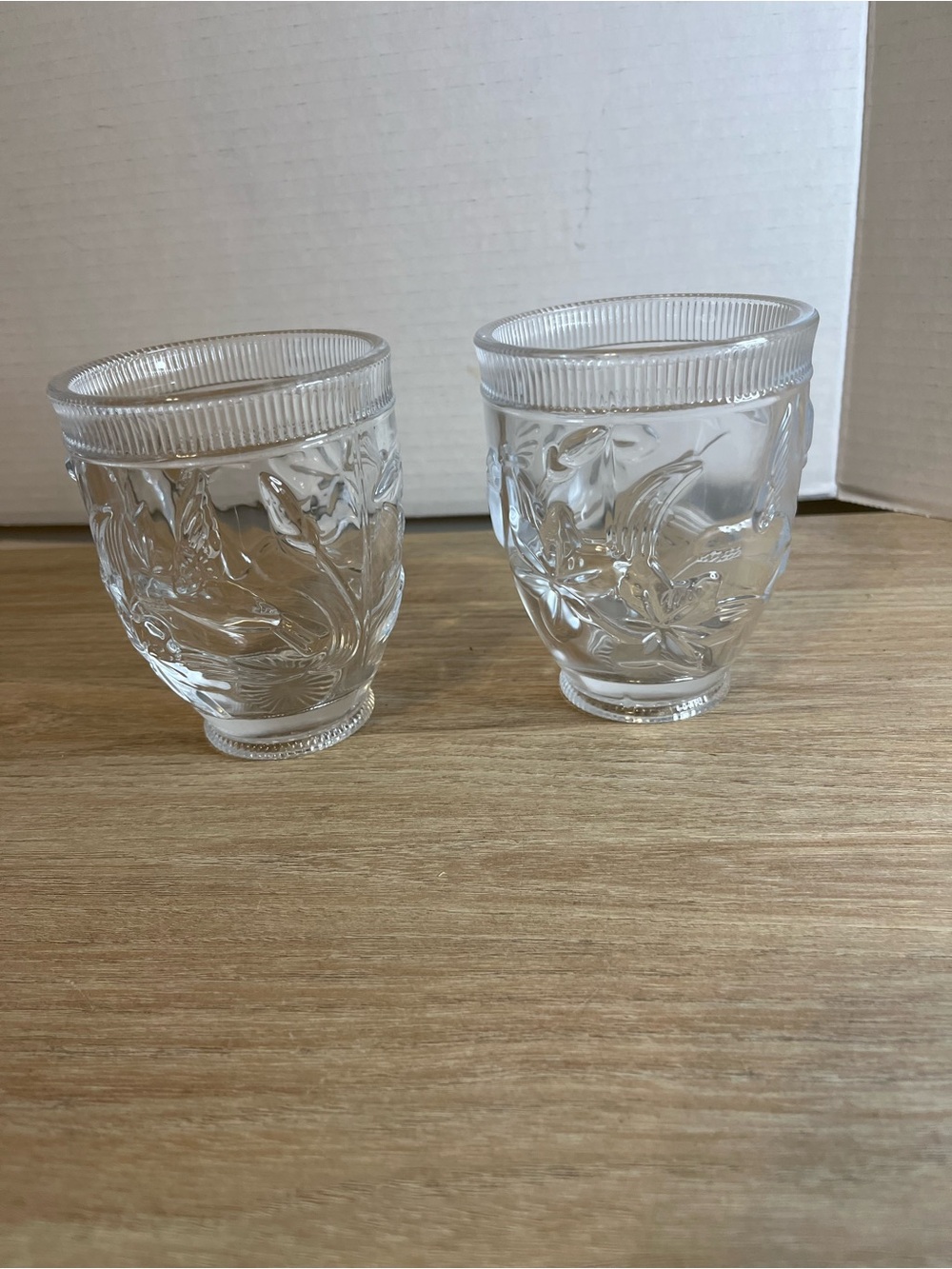 Clear Embossed Glass Tumbler Set - Hummingbird and Floral Pattern
